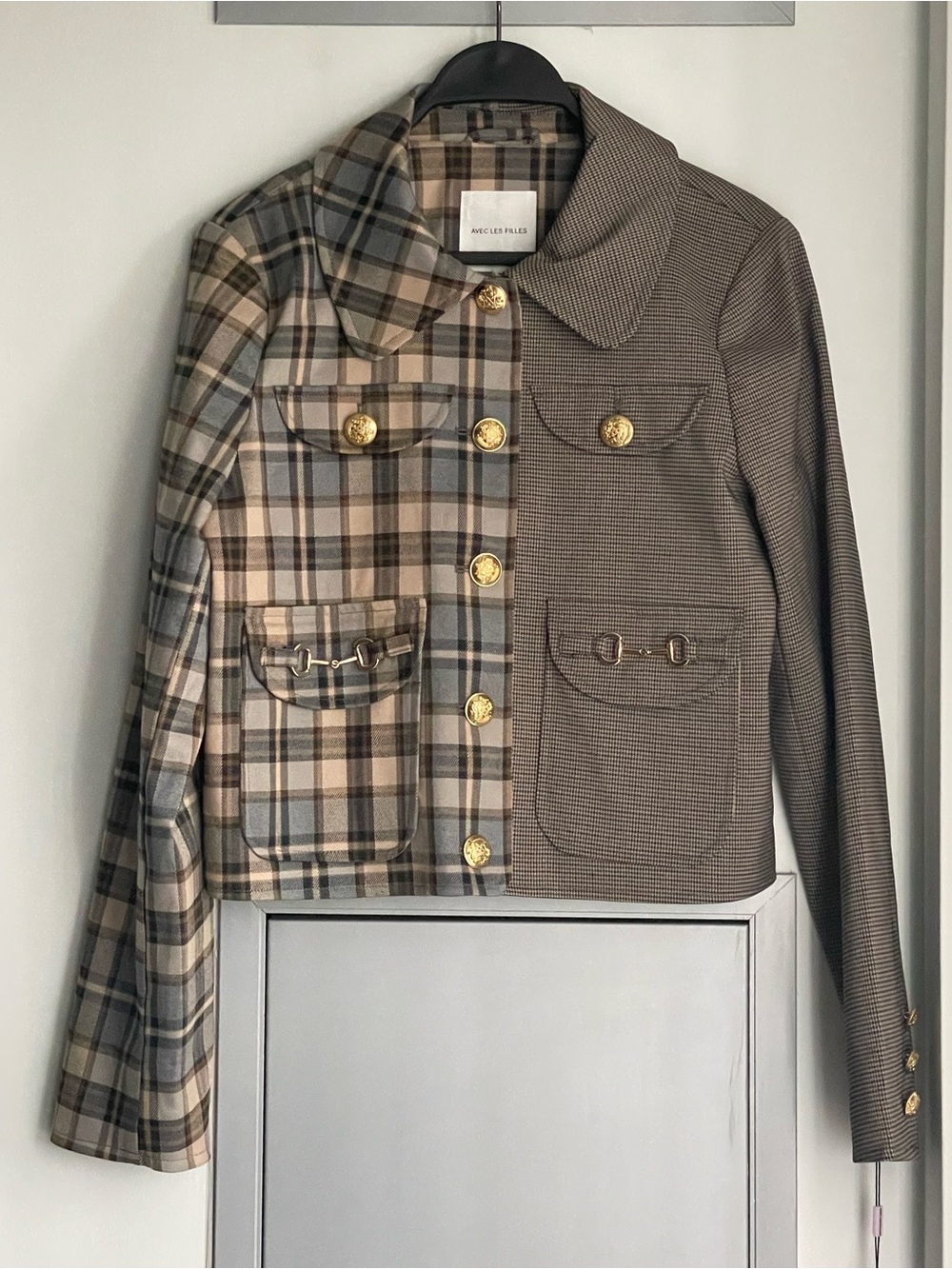 NWT AVEC LES FILLES Two-Tone Plaid & Houndstooth Patchwork Jacket in Brown & Tan